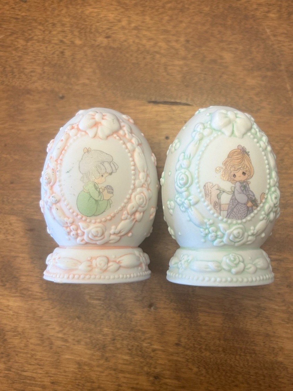 Precious Moments Pastel Pink & Mint Egg Figurine Pair